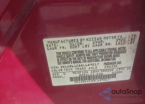 2008 Nissan Sentra 2.0Sl из США, поврежденный, VIN 3N1AB61E88L689217